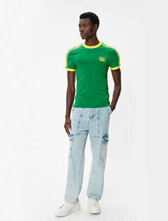 Slim Fit Tişört Kolej Baskılı Kısa Kollu Bisiklet Yaka