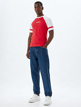 Slim Fit Tişört Slogan Baskılı Bisiklet Yaka Kısa Kollu Biyeli Pamuklu