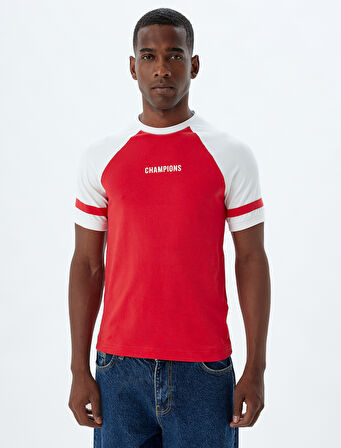 Slim Fit Tişört Slogan Baskılı Bisiklet Yaka Kısa Kollu Biyeli Pamuklu