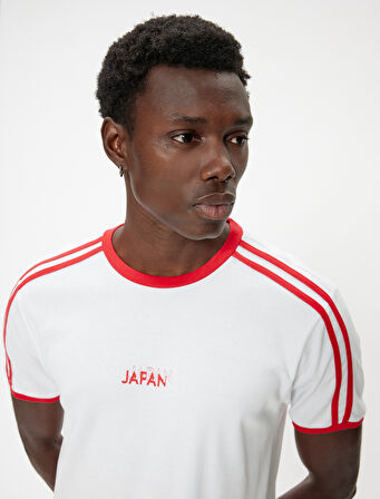 Slim Fit Tişört Slogan Baskılı Kısa Kollu Bisiklet Yaka Biyeli