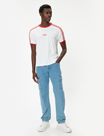 Slim Fit Tişört Slogan Baskılı Kısa Kollu Bisiklet Yaka Biyeli