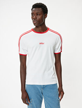 Slim Fit Tişört Slogan Baskılı Kısa Kollu Bisiklet Yaka Biyeli