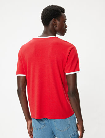 Slim Fit Tişört Slogan Baskılı Kısa Kollu Bisiklet Yaka Biyeli