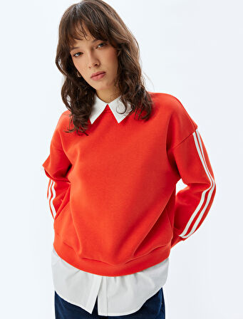 Uzun Kolu Üç İplik Şardonlu Rahat Kalıp Gömlek Yaka Çizgili Sweatshirt