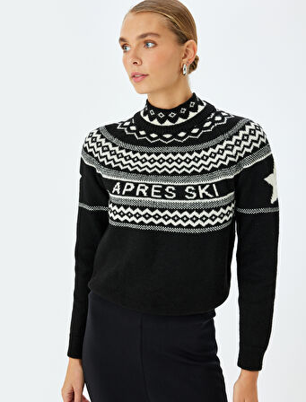 Yün Karışımlı Uzun Kollu Etnik Desenli Boğazlı Yaka Örgü Kazak