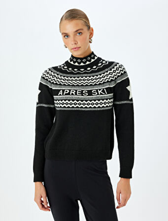 Yün Karışımlı Uzun Kollu Etnik Desenli Boğazlı Yaka Örgü Kazak