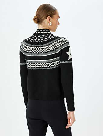 Yün Karışımlı Uzun Kollu Etnik Desenli Boğazlı Yaka Örgü Kazak