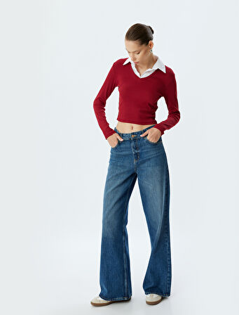 Gömlek Yaka Tişört Uzun Kollu Kaşkorse Pamuklu Slim Fit