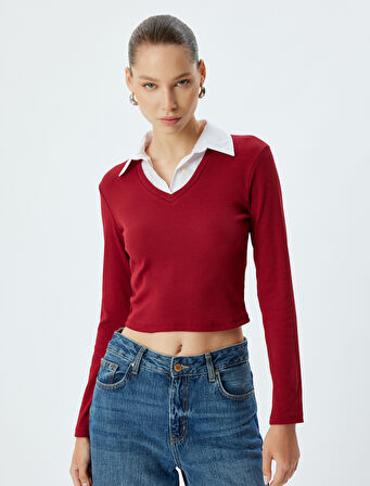 Gömlek Yaka Tişört Uzun Kollu Kaşkorse Pamuklu Slim Fit