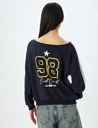 Oversize Kolej Sweatshirt Arkası Baskılı Kayık Yaka Şardonlu