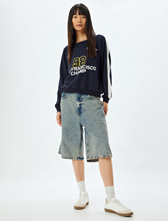 Oversize Kolej Sweatshirt Arkası Baskılı Kayık Yaka Şardonlu