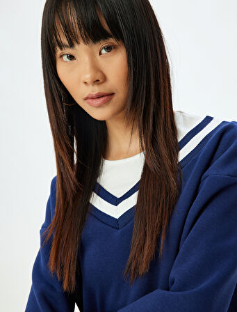 Oversize Sweatshirt V Yaka Biyeli Şardonlu 