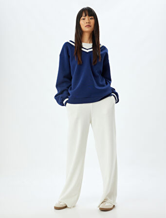 Oversize Sweatshirt V Yaka Biyeli Şardonlu 