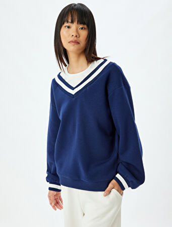 Oversize Sweatshirt V Yaka Biyeli Şardonlu 