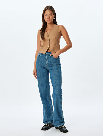 Düz Uzun Paça Kot Pantolon Standart Bel Düğmeli Pamuklu - Longer Straight Fit Jean