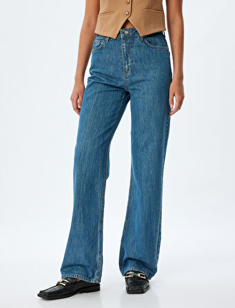 Düz Uzun Paça Kot Pantolon Standart Bel Düğmeli Pamuklu - Longer Straight Fit Jean