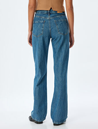 Düz Uzun Paça Kot Pantolon Standart Bel Düğmeli Pamuklu - Longer Straight Fit Jean