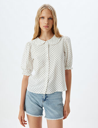 Balon Kol Gömlek Bebe Yaka Puantiyeli Düğmeli Slim Fit