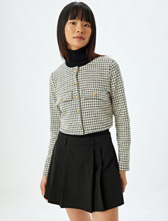 Crop Hırka Kaz Ayağı Desenli Düğmeli Bisiklet Yaka Cep Detaylı