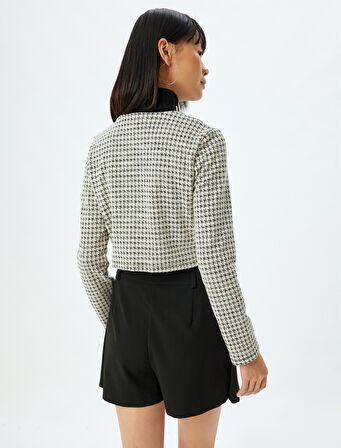 Crop Hırka Kaz Ayağı Desenli Düğmeli Bisiklet Yaka Cep Detaylı