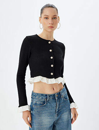 Crop Hırka Düğmeli Fırfır Detaylı Bisiklet Yaka Slim Fit