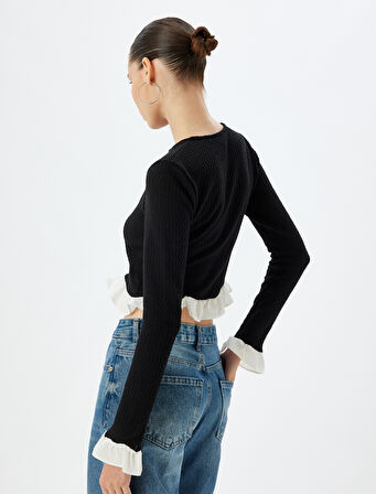 Crop Hırka Düğmeli Fırfır Detaylı Bisiklet Yaka Slim Fit