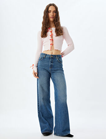 Fiyonklu Crop Hırka Fitilli Slim Fit Uzun Kollu Yuvarlak Yaka Pamuklu