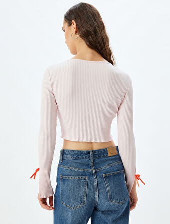 Fiyonklu Crop Hırka Fitilli Slim Fit Uzun Kollu Yuvarlak Yaka Pamuklu