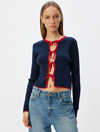 Triko Hırka Fiyonk Bağlama Detaylı Uzun Kollu Basic