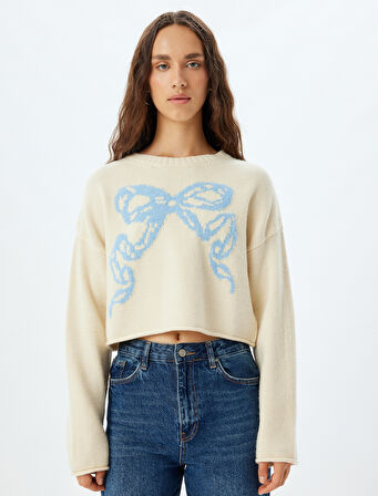 Oversize Crop Kazak Fiyonk Desenli Bisiklet Yaka Uzun Kollu