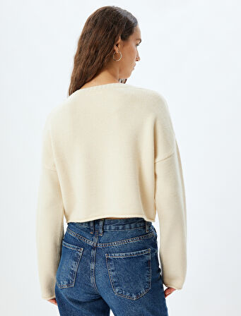 Oversize Crop Kazak Fiyonk Desenli Bisiklet Yaka Uzun Kollu