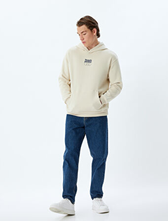 Kapşonlu Sweatshirt Oversize Slogan Baskılı Basic Kanguru Cep Detaylı Şardonlu Pamuk Karışımlı