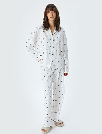 Yılbaşı Temalı Pijama Üstü Çiçek İşlemeli Gömlek Yaka Düğmeli Pamuklu