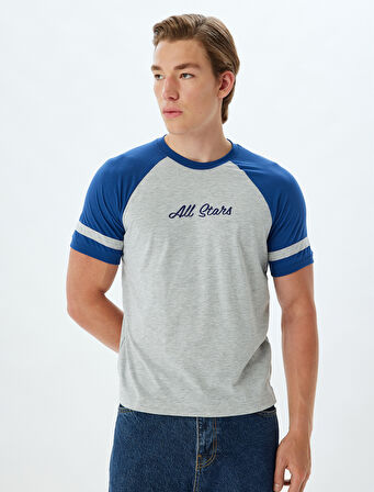 Slim Fit Tişört Slogan Baskılı Bisiklet Yaka Kısa Kollu Biyeli Pamuk Karışımlı