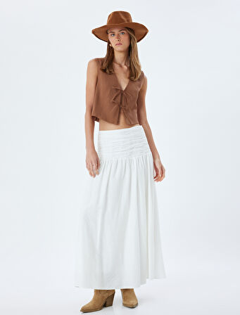 Fiyonklu Önü Bağcıklı Crop Yelek V Yaka Modal Kumaş