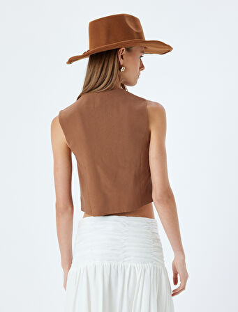 Fiyonklu Önü Bağcıklı Crop Yelek V Yaka Modal Kumaş