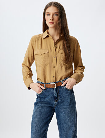 Viskon Oversize Gömlek Kapaklı Cep Detaylı Dokulu Uzun Kollu