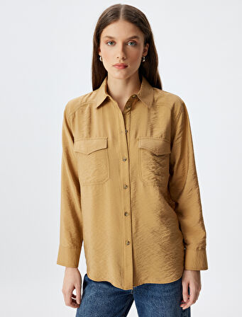 Viskon Oversize Gömlek Kapaklı Cep Detaylı Dokulu Uzun Kollu