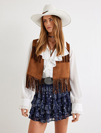 Fırfırlı Mini Etek Katlı Etnik Desenli A Kesim