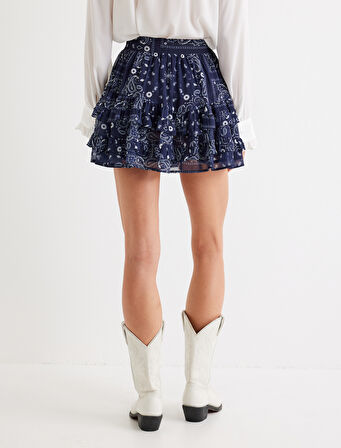 Fırfırlı Mini Etek Katlı Etnik Desenli A Kesim