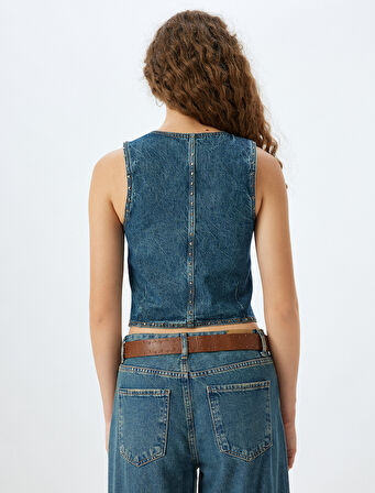 V Yaka Taşlı Düğmeli Kolsuz Slim Fit Kot Yelek