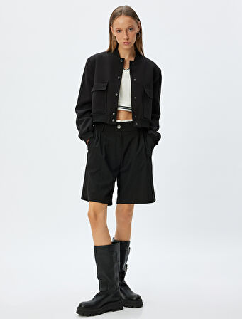 Bomber Ceket Cep Detaylı Çıtçıt Düğmeli Krep Kumaş