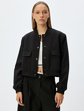 Bomber Ceket Cep Detaylı Çıtçıt Düğmeli Krep Kumaş