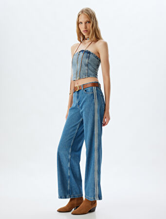 Geniş Paça Kot Pantolon Bol Kalıp Şerit Detaylı Düğmeli Cepli - Wide Leg Jean