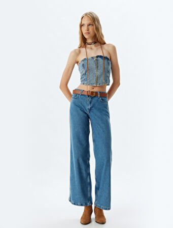 Geniş Paça Kot Pantolon Bol Kalıp Şerit Detaylı Düğmeli Cepli - Wide Leg Jean