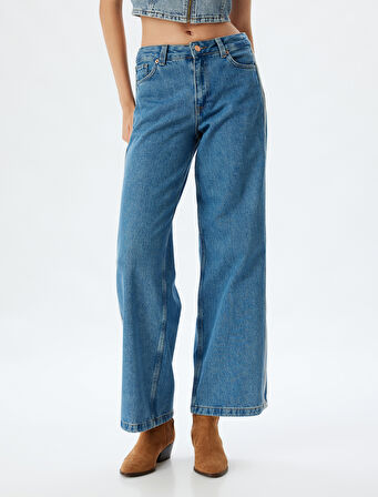 Geniş Paça Kot Pantolon Bol Kalıp Şerit Detaylı Düğmeli Cepli - Wide Leg Jean