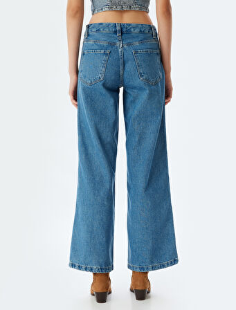 Geniş Paça Kot Pantolon Bol Kalıp Şerit Detaylı Düğmeli Cepli - Wide Leg Jean