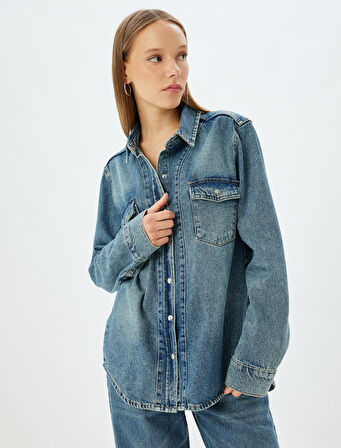 Kot Gömlek Oversize Klasik Yaka Düğmeli Cep Detaylı