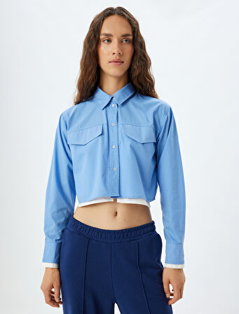 Crop Poplin Gömlek Klasik Yaka Düğmeli Renk Bloklu Cep Detaylı