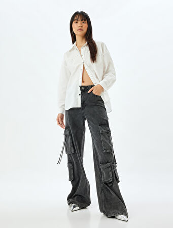 Poplin Gömlek Uzun Kollu Metal Aksesuar Detaylı Klasik Yaka Pamuklu